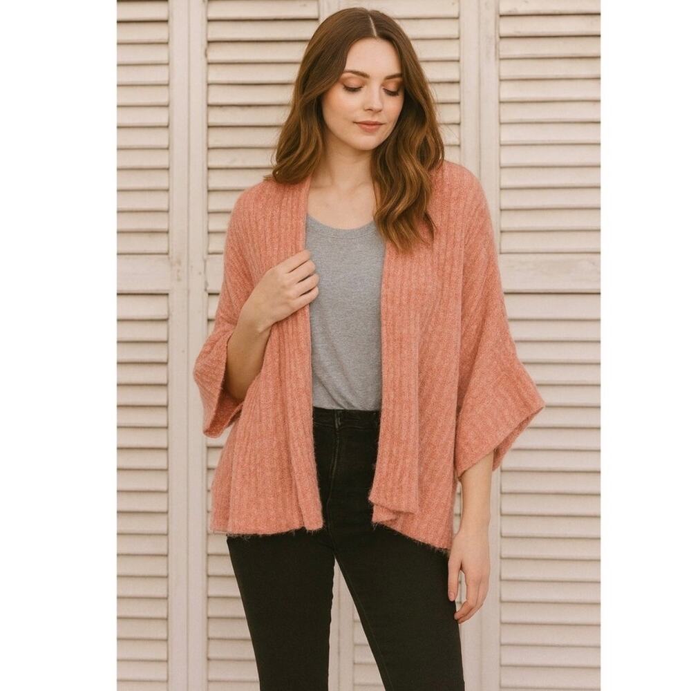 Barefoot Dreams Cozy Chic Lite Coral Pink Ribbed Cardigan Quarter Sleeve Size 1X